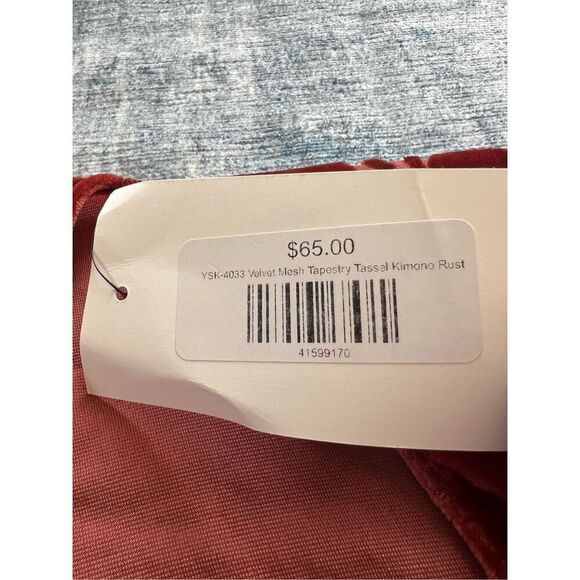 NWT! MTN GRL Wyoming Velvet Mesh Tapestry Tassel Kimono in Rust One Size - Picture 9 of 12